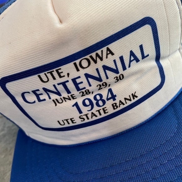 Vintage Ute Iowa 1984 Centennial State Bank Snapback Trucker Hat Blue White 80s - Picture 2 of 10
